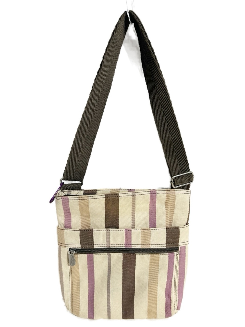 Thirty-One Striped Crossbody Bag Cream Brown Purple Adjustable Shoulder Purse